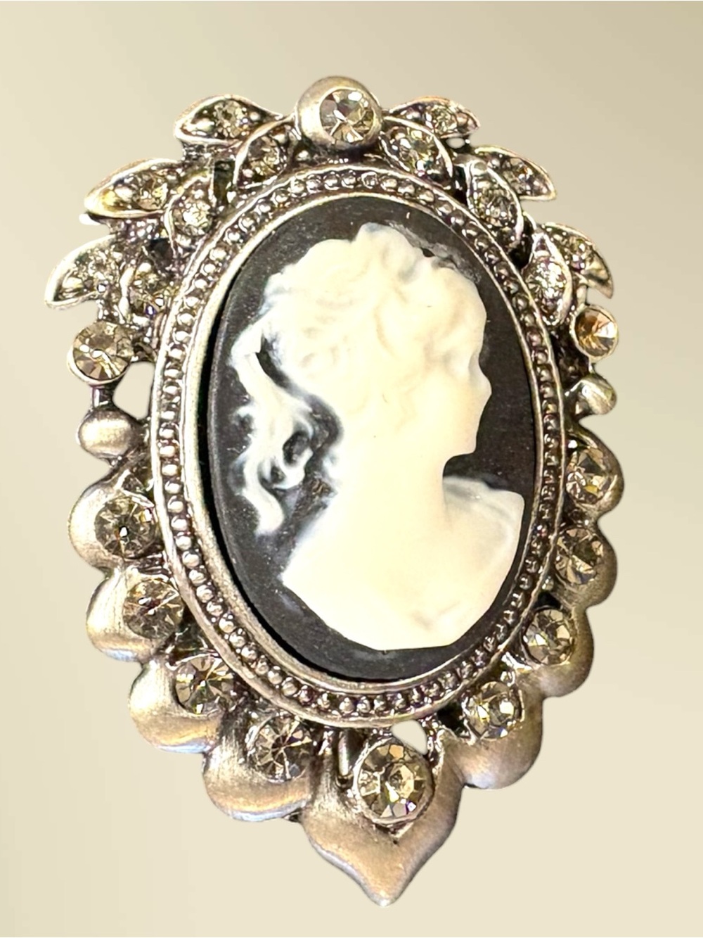 Vintage Rhinestone Cameo Brooch Silver Tone Black White Lady Portrait Pin 2”